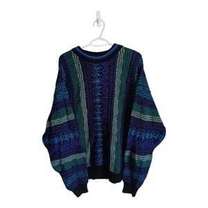Men's Blue Purple & Teal 3D Style Patterned Knit Sweater Expressions Large
